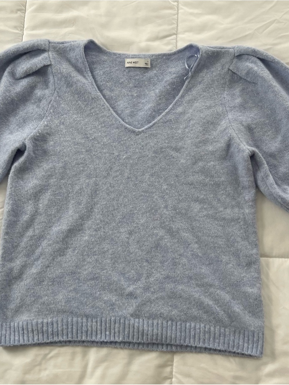 Nine West Pale Blue V-Neck Puff Sleeve Knit Sweater